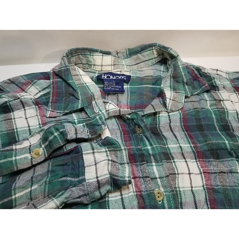 Honors Womens Plaid Long‎ Sleeve Button Up Shirt Green Large